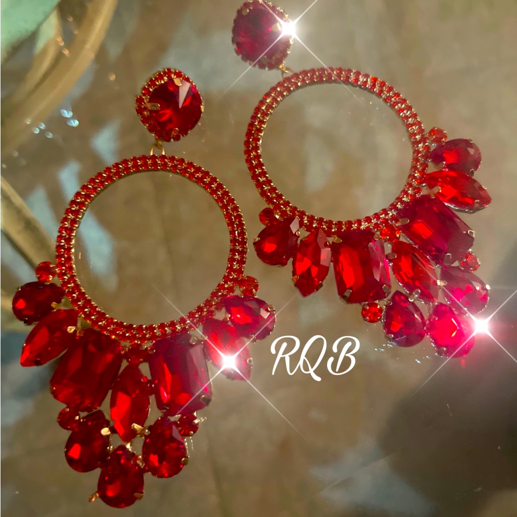Red Jeweled Pageant Earrings Long Chandeliers 31$